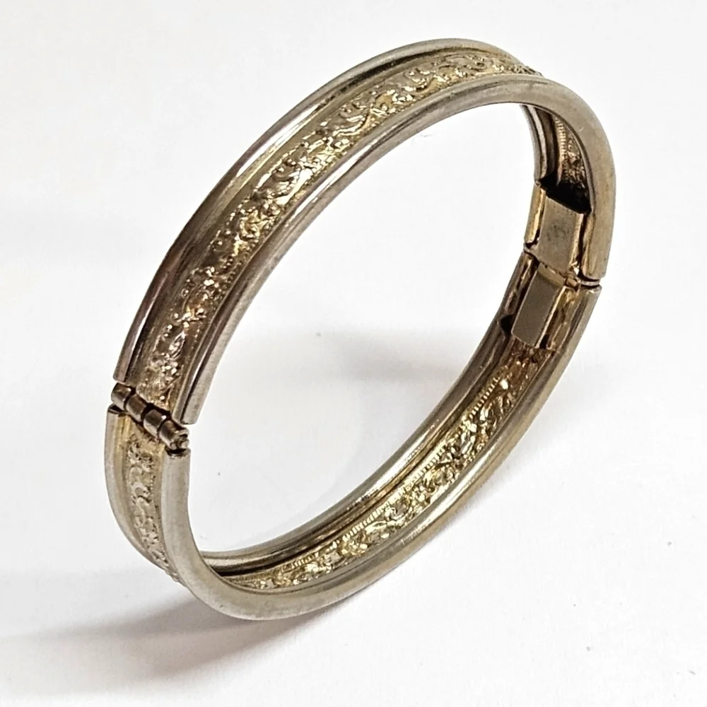 VINTAGE Two Tone Gold & Silver Tone Etched Child Cuff Bracelet Bangle